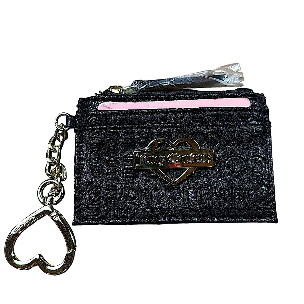 JUICY COUTURE: NWT Black Leather Logo Wallet Card Holder Keychain with Gold Logo